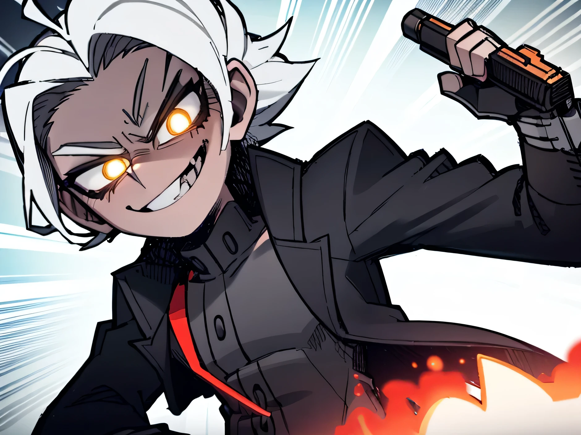 boy, ((( evil smile))) happy facial expression ((( Black jacke))), ((( short branco))), ((( White hair))), (((Eyes red))) psychopath, holding a gun