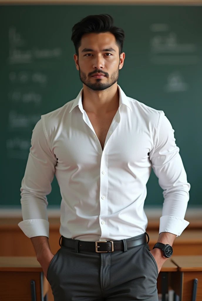 Vietnamese man, 25 years old, teacher,Handsome and elegant, Wearing a uniform, sexy , Masculine and handsome,musculous,Muscles look good,hairy bodies, with fair skin,No beard, Full body photo,(ultra-detailed, photorealistic, best quality, 4k, 8k, highres, masterpiece:1.3), a mature man, charming and distinguished , (muscular build body), wearing tailored shiny white dress shirt, with the top button casually undone, perfectly fitted charcoal trousers, sweat, unbutton buttons shirt, lewd face ,tight chest, sex,See-through shirt, erotic, horny, look straight, Accessories include a luxury wristwatch, understated cufflinks, and a simple yet elegant leather belt, in the Classroom,looking at viewer,muscle veins,no underwear ,Tight shirt makes muscle