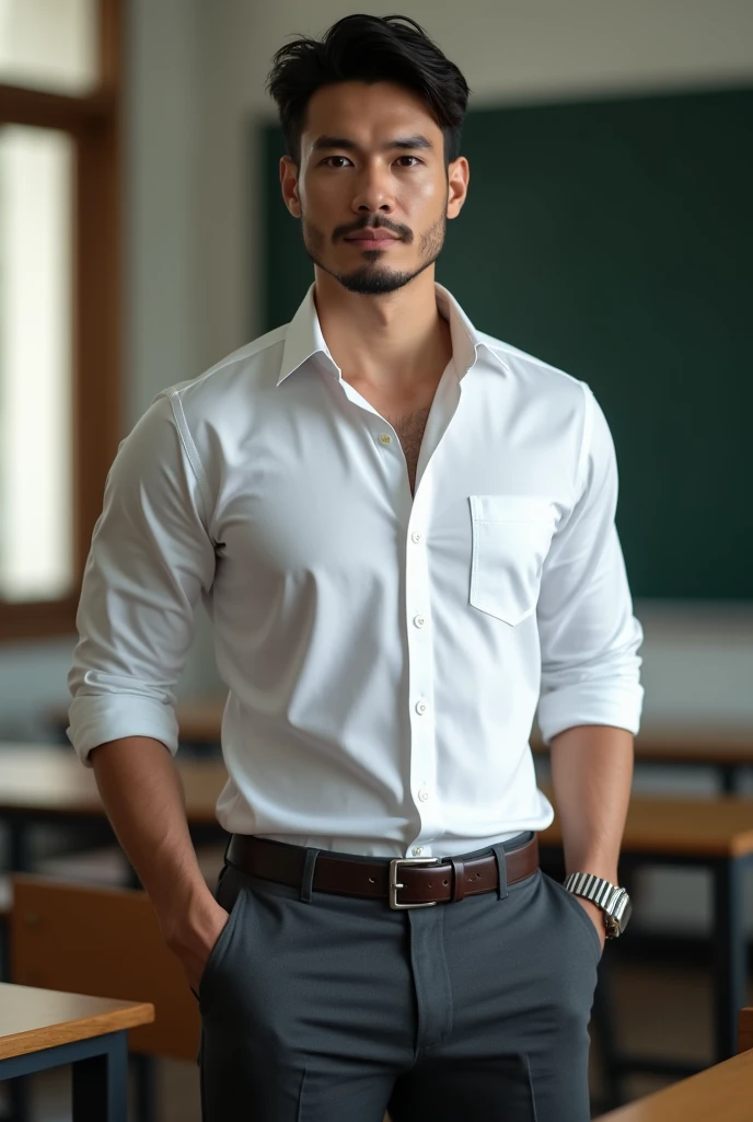 Vietnamese man, 25 years old, teacher,Handsome and elegant, Wearing a uniform, sexy , Masculine and handsome,musculous,Muscles look good,hairy bodies, with fair skin,No beard, Full body photo,(ultra-detailed, photorealistic, best quality, 4k, 8k, highres, masterpiece:1.3), a mature man, charming and distinguished , (muscular build body), wearing tailored shiny white dress shirt, with the top button casually undone, perfectly fitted charcoal trousers, sweat, unbutton buttons shirt, lewd face ,tight chest, sex,See-through shirt, erotic, horny, look straight, Accessories include a luxury wristwatch, understated cufflinks, and a simple yet elegant leather belt, in the Classroom,looking at viewer,muscle veins,no underwear ,Tight shirt makes muscle