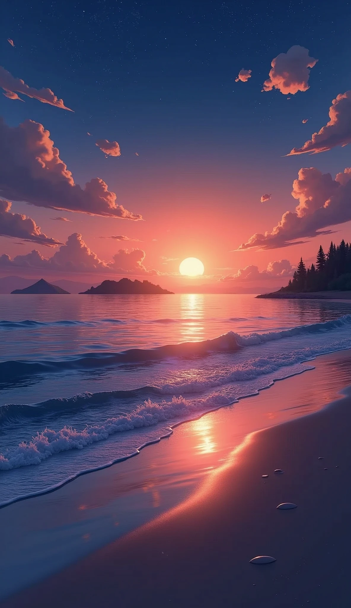 photorealistic, Viral anime nature wallpaper in 4K quality, in the style of photography with a 35mm lens inspired by Keiichi Hara, capturing a serene beach at twilight with gentle waves, a sky transitioning from orange to deep blue, and a silhouette of distant islands; warm and tranquil color temperature, cosmos lighting with stars twinkling in the sky, no human characters, the atmosphere is peaceful and reflective --v 5 --stylize 1000