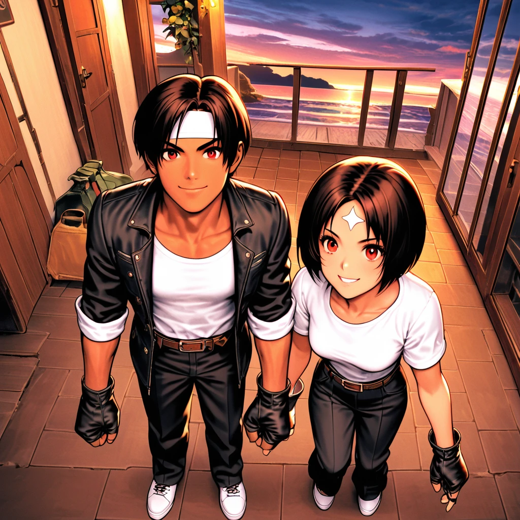 One person,woman,Holding hands/Fist,Aerial view,short hair,Dark Skin,Red eyes,(black jacket with sleeves rolled up),Fingerless gloves,White T-shirt, (White headband on forehead),Black trousers,White shoes,Brown belt,cute,Indoor Party,Charm Points,Ocean View,Slightly large chest,Outdoor,high quality,good looking,A confident smile,Dining with friends on the terrace,Vibrant atmosphere,Crouching