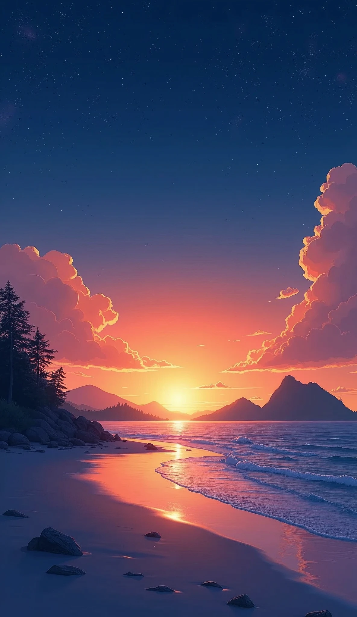 photorealistic, Viral anime nature wallpaper in 4K quality, in the style of photography with a 35mm lens inspired by Keiichi Hara, capturing a serene beach at twilight with gentle waves, a sky transitioning from orange to deep blue, and a silhouette of distant islands; warm and tranquil color temperature, cosmos lighting with stars twinkling in the sky, no human characters, the atmosphere is peaceful and reflective --v 5 --stylize 1000