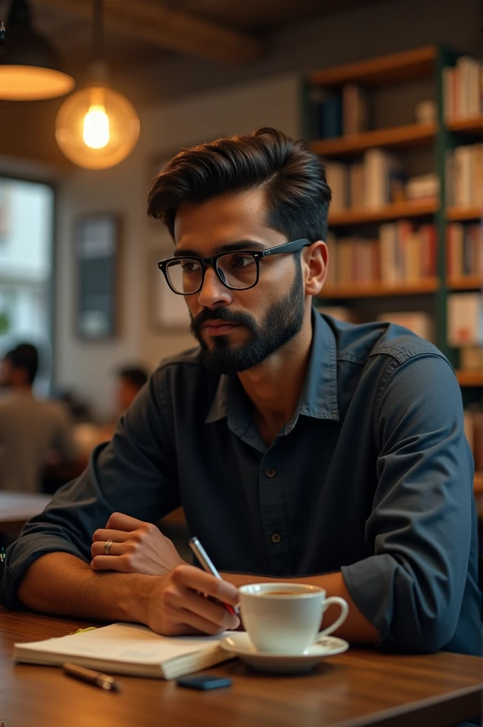"A Bangladeshi young man with a beard wearing glasses, sitting in a coffee house, holding a pen and thinking with a cup of tea and a notebook in front of him."
