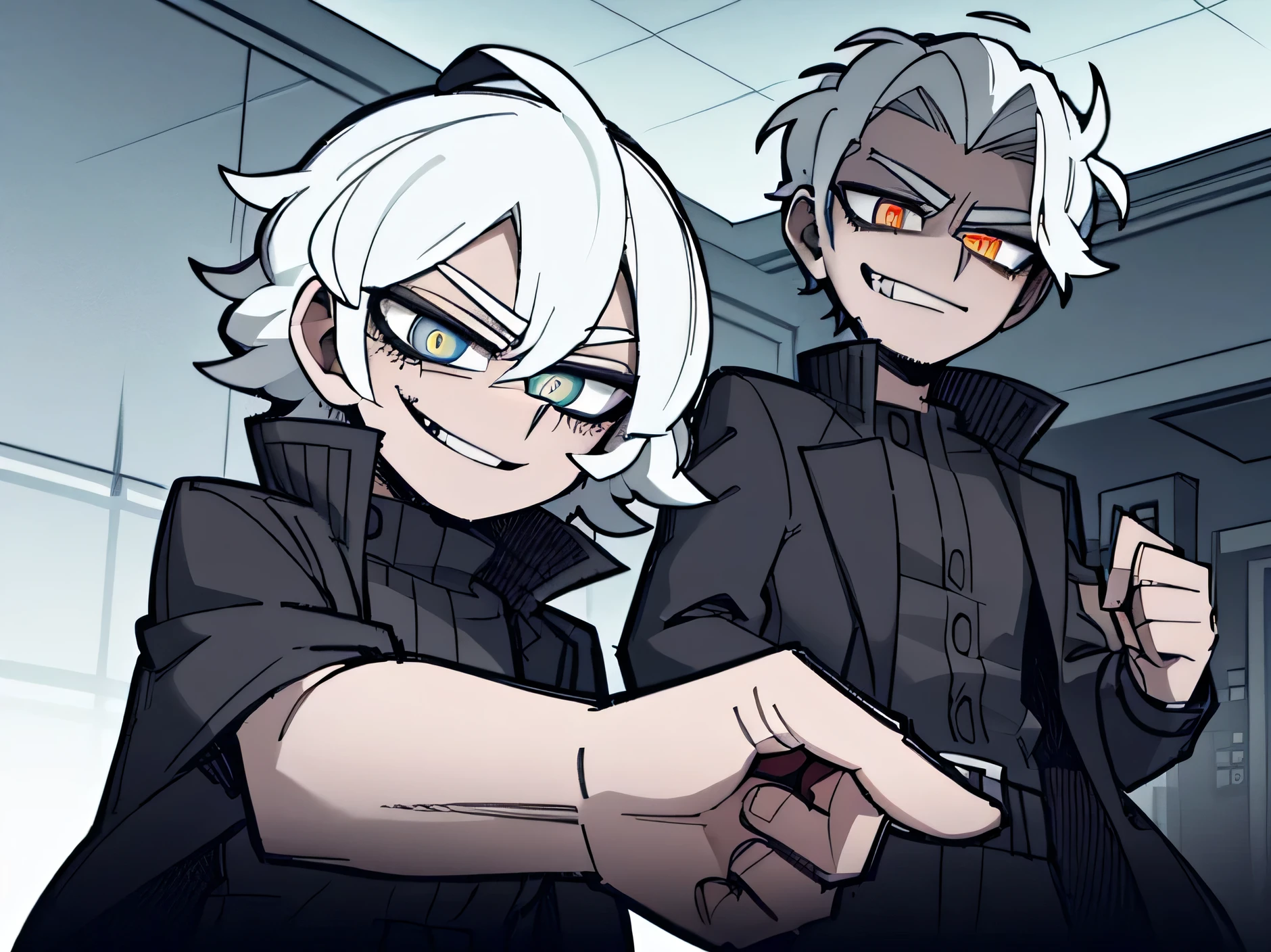 boy, ((( evil smile))) happy facial expression ((( Black jacke))), ((( short branco))), ((( White hair))), (((Eyes red))) psychopath, holding a gun