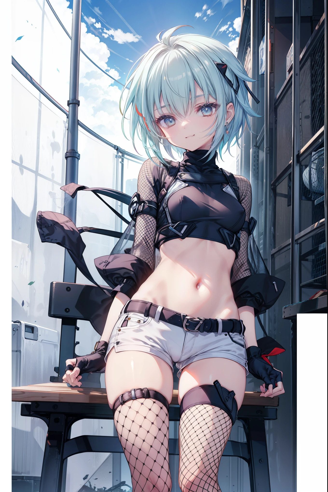 yuffiekisaragi, Yuffie Kisaragi,Haircuts, pixie cut,
壊す crop top, fingerless gloves, fishnet Thighhighs, fishnet, forehead protector, gloves, head band, belly button, short shorts, shorts, single sleeve, single thigh high, No sleeve, No sleeve turtleneck, Thighhighs, turtleneck,
bench、blue sky、smile, solo,rising_leg,solo