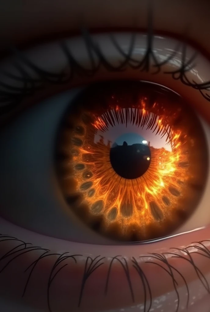 Generate for me the image of a dark brown eye that reflects a shield and fire on its retina.