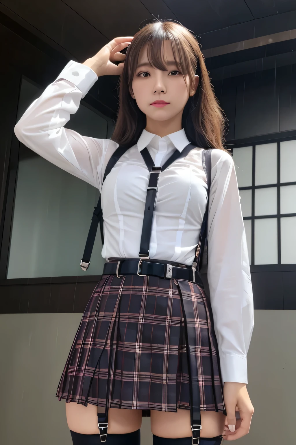 1 female, , high quality, masterpiece, Ultra-high resolution, Cinema Lighting, 1 female, , high quality, masterpiece, Ultra-high resolution, , Cinema Lighting, suspenders　　　Moderate breasts　 　 　　　　　 　　　　Small face　 　　　　　　　　　　　Looking up　　　　Sweat 　　　Thin belt　buzzer　脇Sweat 　　　　 　Garter belt　　Belt on pants　　holster　 　　Hands behind your back　 　Looking up　Anxious face　Knee-high　Knee socks　Knee-highソックス 　garter　ふとももにGarter belt　Checkered mini skirt　 　　Panty shot　Skirt gap Armament　　　holster　holster 　　Hands behind your back　 Anxious expression　　Anxious face, legs apart　Armament　　Leg holster　holster　See-through clothing　heavy rain　Rain-soaked dress shirt,
