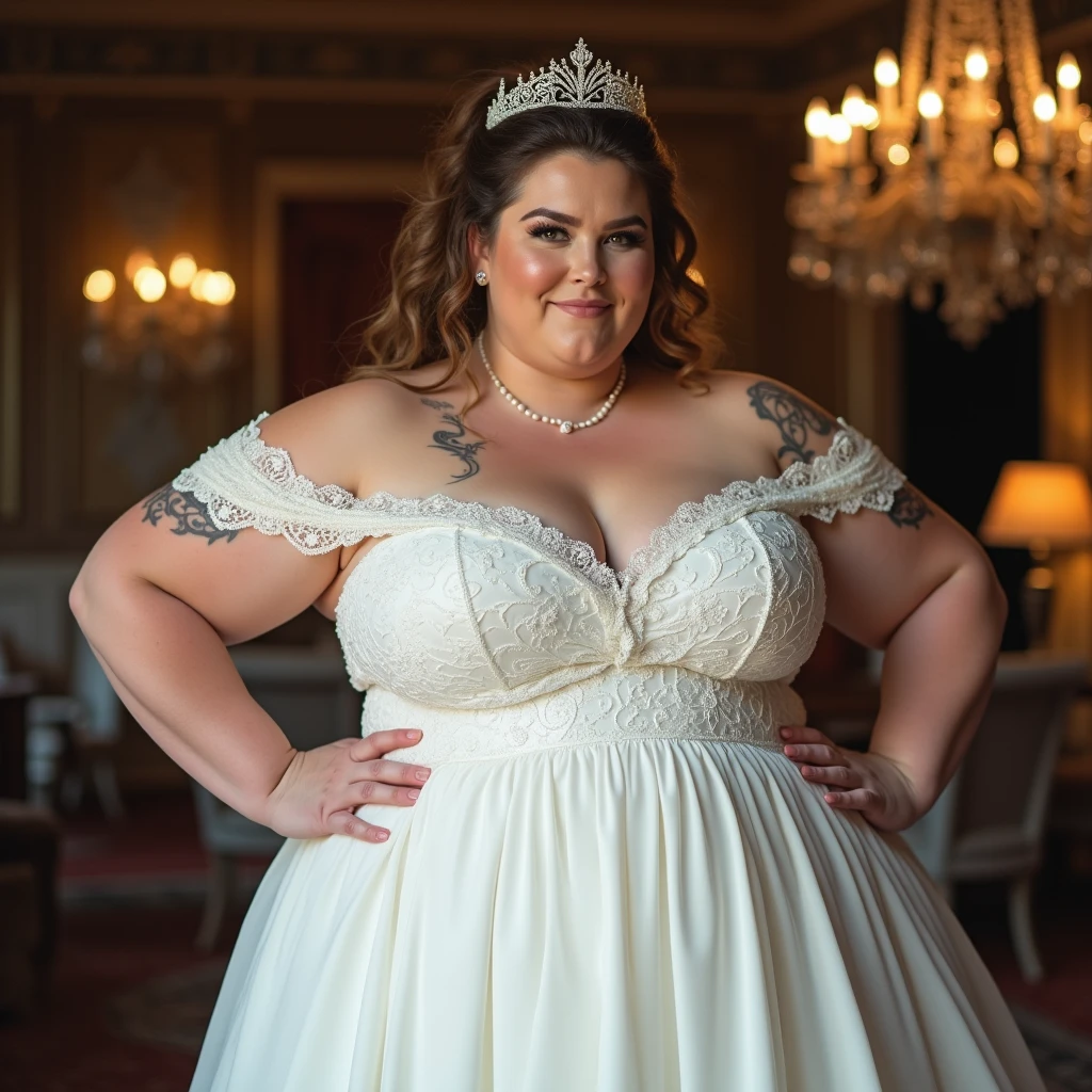 A woman is 150kg obese with a lot of belly fat, like Tess Holliday, she is a former plus size model with a beautiful face, she is wearing a pure white wedding dress and has a big belly, she is an obese American female sumo wrestler with a very large belly, her belly is bulging and covered with a lot of fat, she has a nice saggy belly and a tattoo around her navel, she is in a fancy wedding venue, 4K quality, low angle