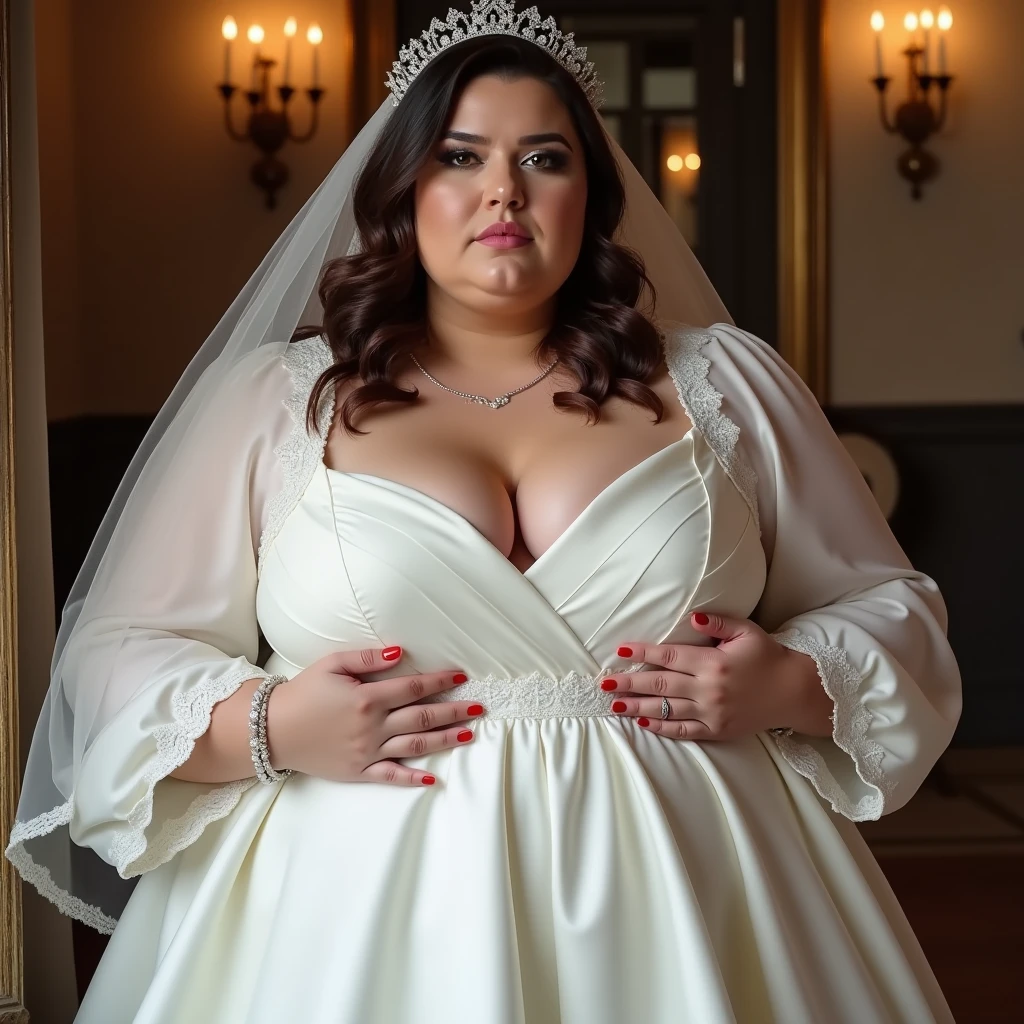 A woman is 150kg obese with a lot of belly fat, like Tess Holliday, she is a former plus size model with a beautiful face, she is wearing a pure white wedding dress and has a big belly, she is an obese American female sumo wrestler with a very large belly, her belly is bulging and covered with a lot of fat, she has a nice saggy belly and a tattoo around her navel, she is in a fancy wedding venue, 4K quality, low angle