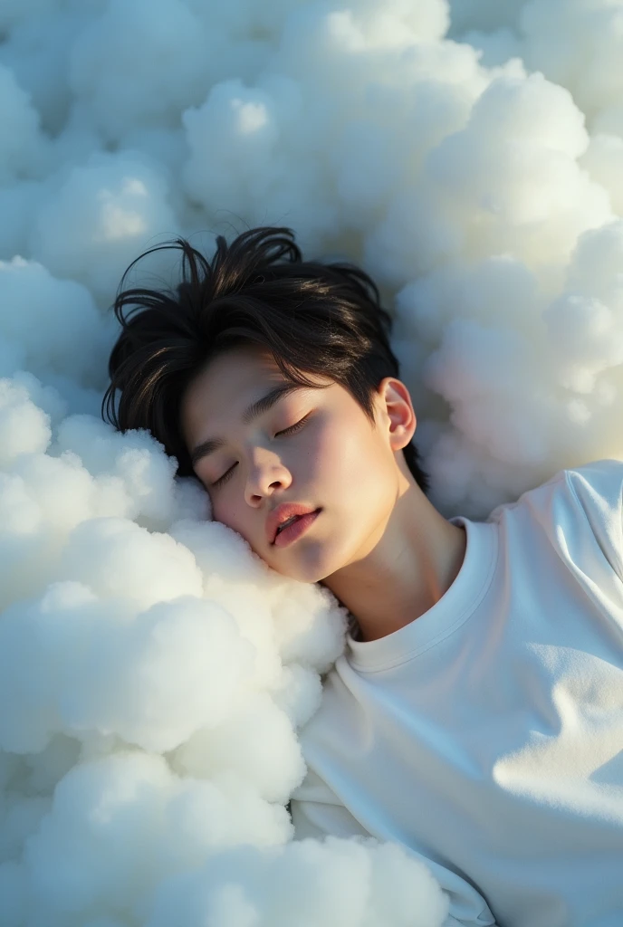 Sleeping on the clouds, A -yeld bon a white shirt, Eyes closed