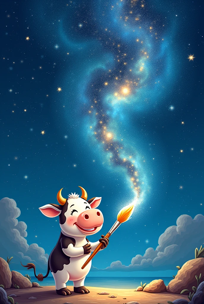 Milky way big calligraphy written with cow cartoon