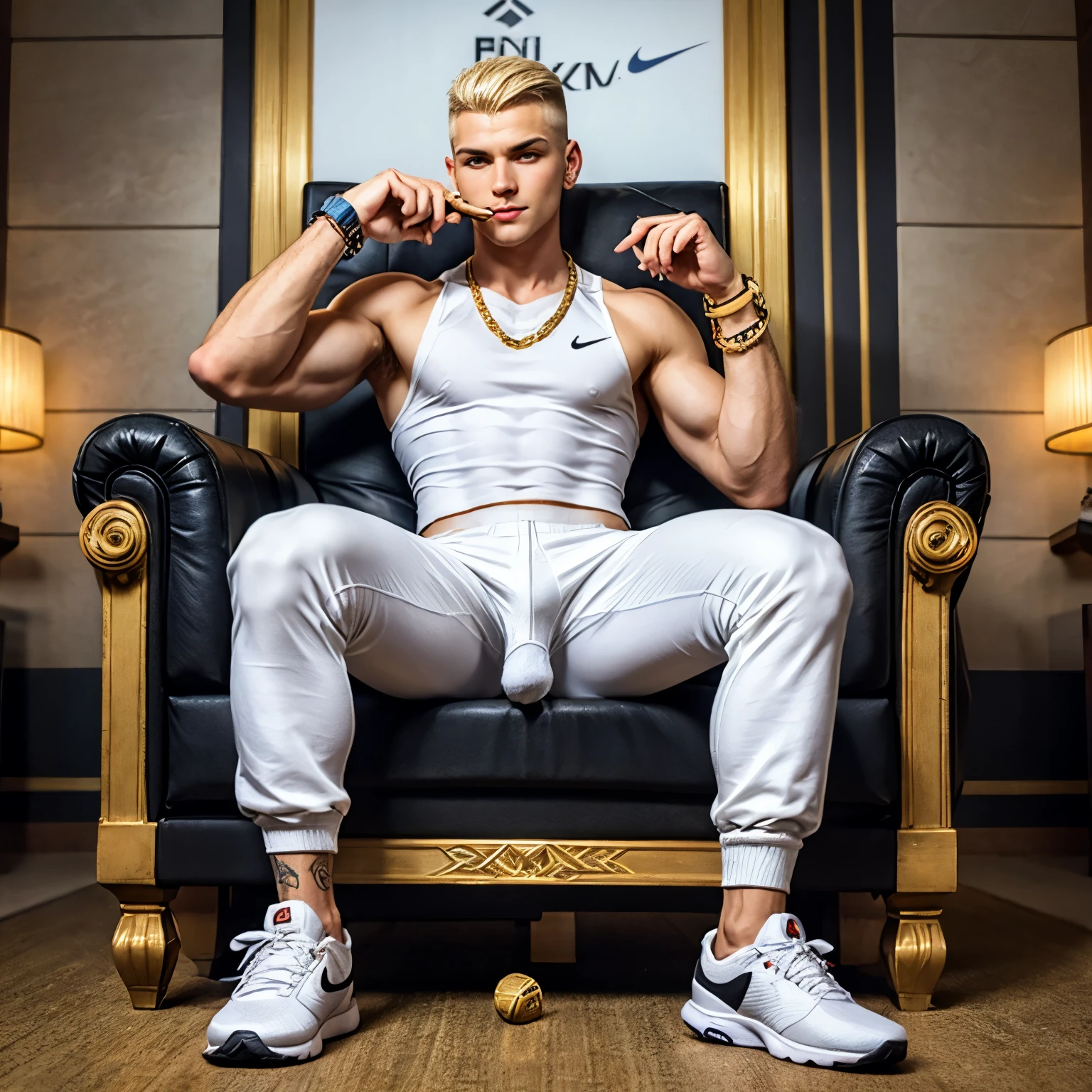 full view full body, one 18 yo slim white European tattooed boy white gold-blond undercut clean shaves aircut, in white tank top and black tight soccer pants, white socks and black Nike air max trainers, golden necklaces, bracelets, rings, sitting proudly on a golden throne, smoking a cigar, looking satisfied, the ground is covered with gold coins, lingots and banknotes, smoking a cigar