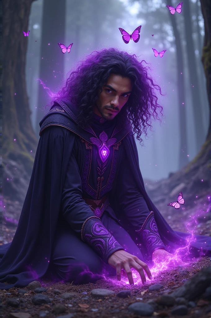 A wizard with dark purple eyes and brown skin. Your hair is curly and long, but it glows with purple lights due to magic. He possesses purple elemental magic./Violette. His outfit is black with purple details and he wears a short cape that goes down to his forearm.. Around her, there are butterflies. he is on his knees on the ground, with one hand on the ground, and your magic is visibly all around you. The background is a dark forest, partially destroyed by chaos magic