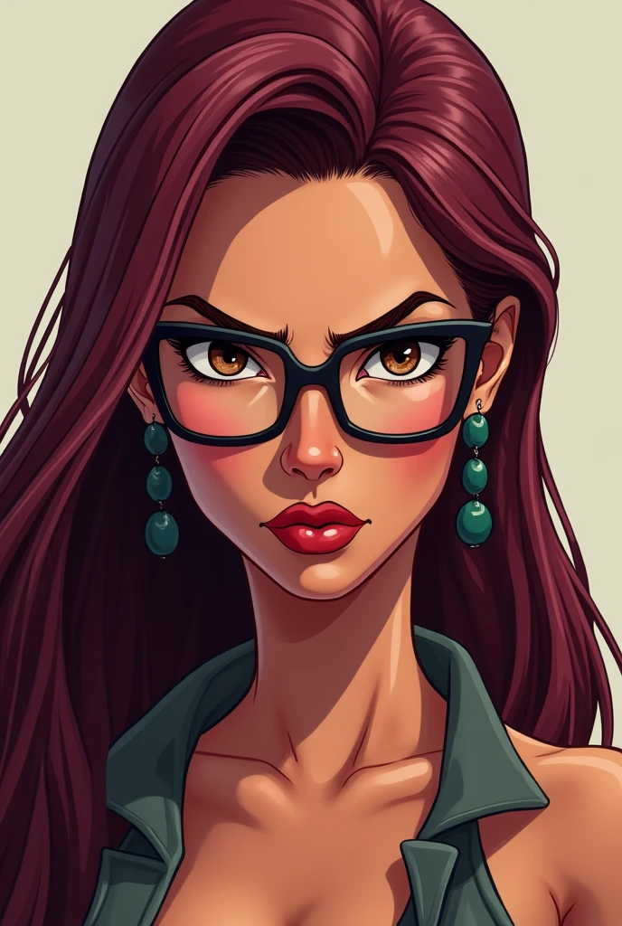 Angry sexy woman square glasses eyes with burgundy straight animated hair