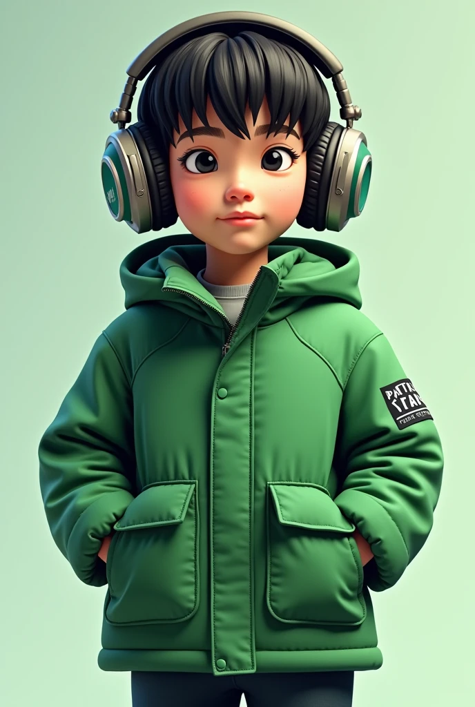 Je veux un garçon portant un pilo vert avec les écouteurs les gros écouteurs et ensuite les logos de Patrick Kim pro