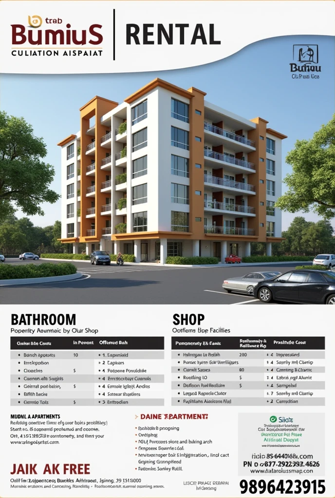 Generate a rent poster for a shop which have office appartmemts,bathroom , and one shop which have the address as opposite bank of baroda railway road gannaur sonepat and the contact details of the owners are 9896423915