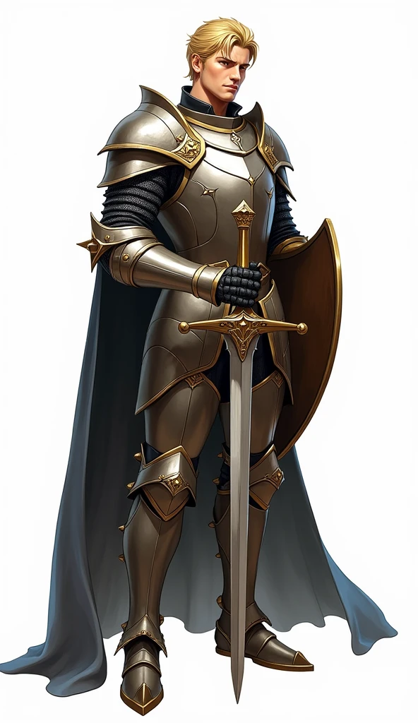 A blonde short haired knight in an elegant cape, holding his sword and shield in the style of Magali Villeneuve and Luis Royo, digital painting, high fantasy illustration, full body portrait, high resolution, high detail, fantasy art style, white background, soft light, natural lighting, anime aesthetic, artstation hq, concept art.