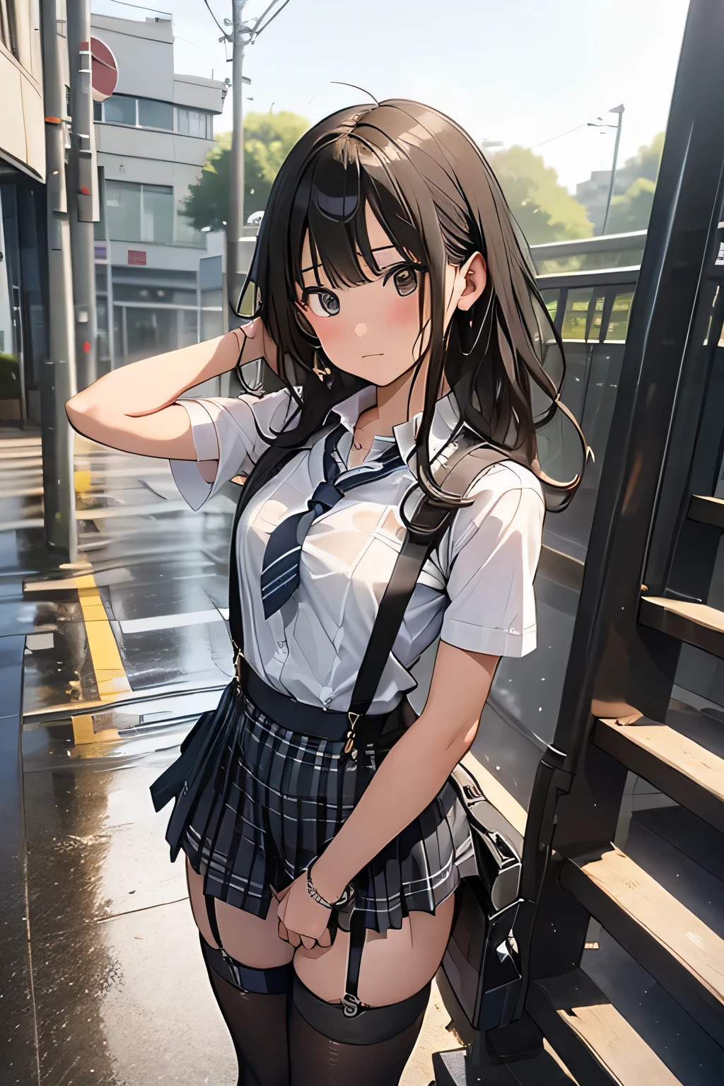 1 female, , high quality, masterpiece, Ultra-high resolution, Cinema Lighting, 1 female, , high quality, masterpiece, Ultra-high resolution, , Cinema Lighting, suspenders Moderate breasts Small face Looking up Sweat Thin belt buzzer 脇Sweat garter belt Belt on pants holster Hands behind your back Looking up Anxious face Knee-high Knee socks Knee-highソックス garter ふとももにgarter belt Checkered mini skirt Panty shot Skirt gap Armament holster holster Hands behind your back Anxious expression Anxious face, legs apart Armament Leg Holster holster See-through clothing heavy rain Rain-soaked dress shirt,Moderate breasts ガーターbelt suspenders Garter on the thigh Checkered mini skirt Looking up Pause belt Armpit sweat Hands behind back Raise your hands