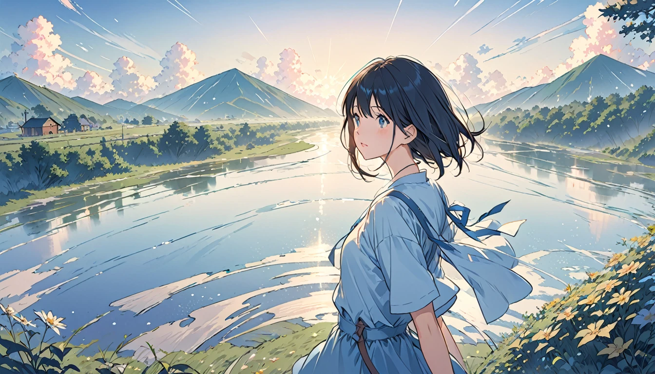 Create intricate illustrations reminiscent of Makoto Shinkai&#39;s style.、Features ultra-fine detail and top-notch quality。I will create a high quality illustration of a beautiful girl sitting on a hill and watching a nostalgic sunset。The overall composition exudes a sense of nostalgia and fantasy.、Make sure the intricate details capture the essence of the moment。The warm colors of the golden sunset and、A gentle breeze blowing through the girl&#39;s hair、Her calm expression as she looks back on that beauty、pale yellow-green hair、Pay attention to the sights。Convey the stillness and reflection of the moment、Create a captivating and immersive atmosphere、Look for exquisitely crafted artwork。Highest quality、masterpiece