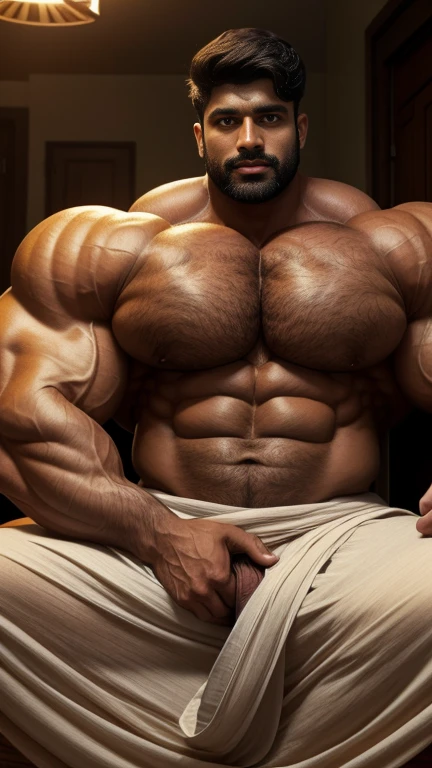 40 years old Desi thick beared mascular dark skin jaat weared dhoti with carry his baby in his lap show with huge wide muscular shoulders, wide chest, abs, masculine wide triceps, arms, biceps, big masculine legs, wide thighs, calfs, black-haired, hair falls on your face, Mesmerizing brown eyes, dhoti, in house, His perfect( big huge penis) is (coming out) of his dhoti,masterpieces, seductive, erotic