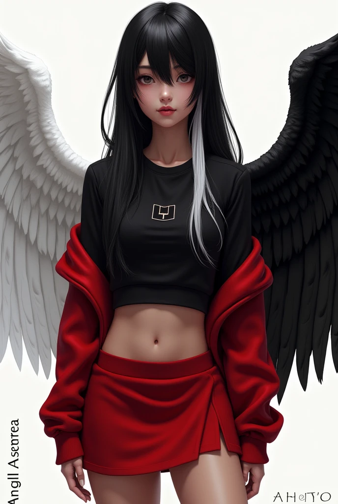 Light brown-skinned woman with long black hair and a white lock wearing a black shirt with a short red sweater that reaches above her waist and has a black logo on the sweater and a red skirt and has two-tone wings on her back, the right wing is completely black and the left wing is completely white and has the text on one part. "Angela Astartea" in large letters in a corner of the image