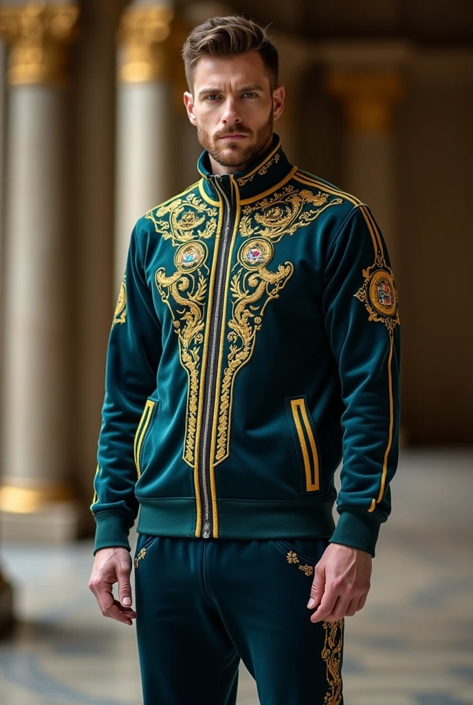man wearing a royal-inspired tracksuit. The tracksuit should feature a deep, regal color like royal blue or emerald green, with luxurious golden accents. The design should include intricate embroidery or patterns reminiscent of royal insignias, crowns, or coats of arms. The jacket should have a high collar, with golden trim along the edges, cuffs, and down the sleeves, giving it a majestic appearance. The pants should match with similar golden designs running down the sides. The man should be standing in a dignified and confident pose, with the background subtly hinting at royalty, such as a palace or grand hall. The overall look should blend the elegance of royal attire with the comfort and style of modern fashion."