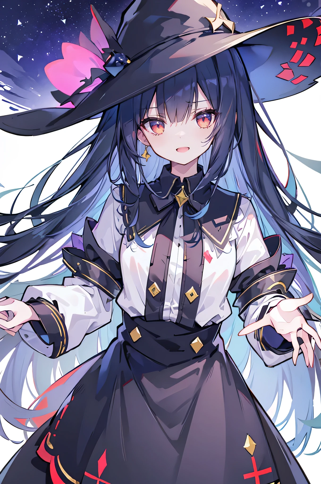 oung Girls,Humanity,A magician always smiles,big witch hat,cute,dark blue long hair,The eyes are dull,The bangs are heavy,Thin eyebrows,fantasy,intake,Double teeth,Star Theme,Constellation pattern,Solid color clothetal decoration,cloak,A bit of a dark atmosphere,A little crazy smile,When the big moon shines outside at night,blood,Hair black star embellishment,Short tie,No nails,High waist skirt,Bell sleeves,Long-sleeved shirt,Black tie,low risk,gentlemen。crap、Yellow and white effect,Shocking pink as an accent color,Starry sky background。