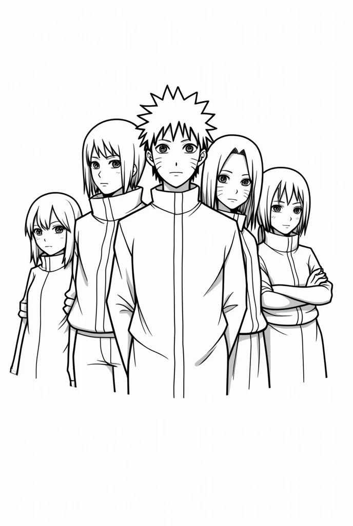 A black and white illustration featuring the characters of Naruto Uzumaki., sasuke uchiha, sakura haruno, Kakashi Hatake, hyuga Hinata, in poster style with main characters, with your mouth closed, and cannot repeat.  There must be an empty white background, no shading, with open space between the lines.