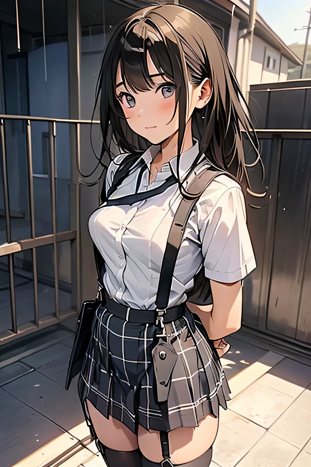 1 female, , high quality, masterpiece, Ultra-high resolution, Cinema Lighting, 1 female, , high quality, masterpiece, Ultra-high resolution, , Cinema Lighting, suspenders　　　Moderate breasts　 　 　　　　　 　　　　Small face　 　　　　　　　　　　　Looking up　　　　Sweat 　　　Thin belt　buzzer　脇Sweat 　　　　 　garter belt　　Belt on pants　　holster　 　　Hands behind your back　 　Looking up　Anxious face　Knee-high　Knee socks　Knee-highソックス 　garter　ふとももにgarter belt　Checkered mini skirt　 　　Panty shot　Skirt gap Armament　　　holster　holster 　　Hands behind your back　 Anxious expression　　Anxious face, legs apart　Armament　　Leg Holster　holster　See-through clothing　heavy rain　Rain-soaked dress shirt,Moderate breasts　ガーターbelt　suspenders　Garter on the thigh　Checkered mini skirt　Looking up　Pause　belt　Armpit sweat　Hands behind back　Raise your hands

