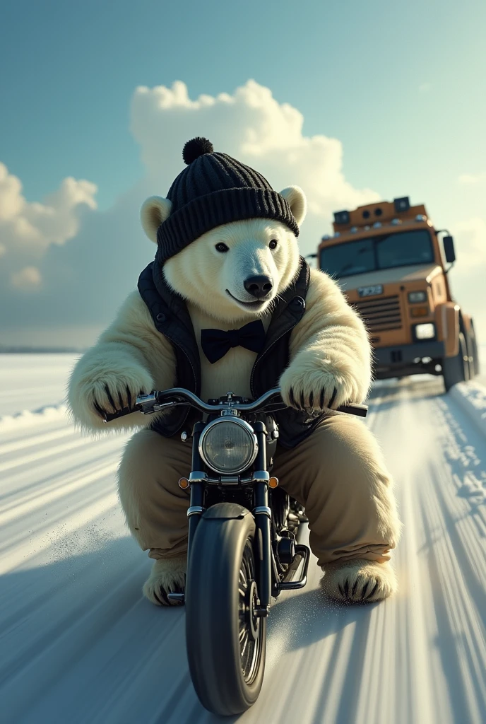 (photorealism:1.2), Polar Bear, wearing black beanie, a waistcoat, sweatpants and a bowtie, driving a car at breakneck speeds, driving alongside an armoured truck