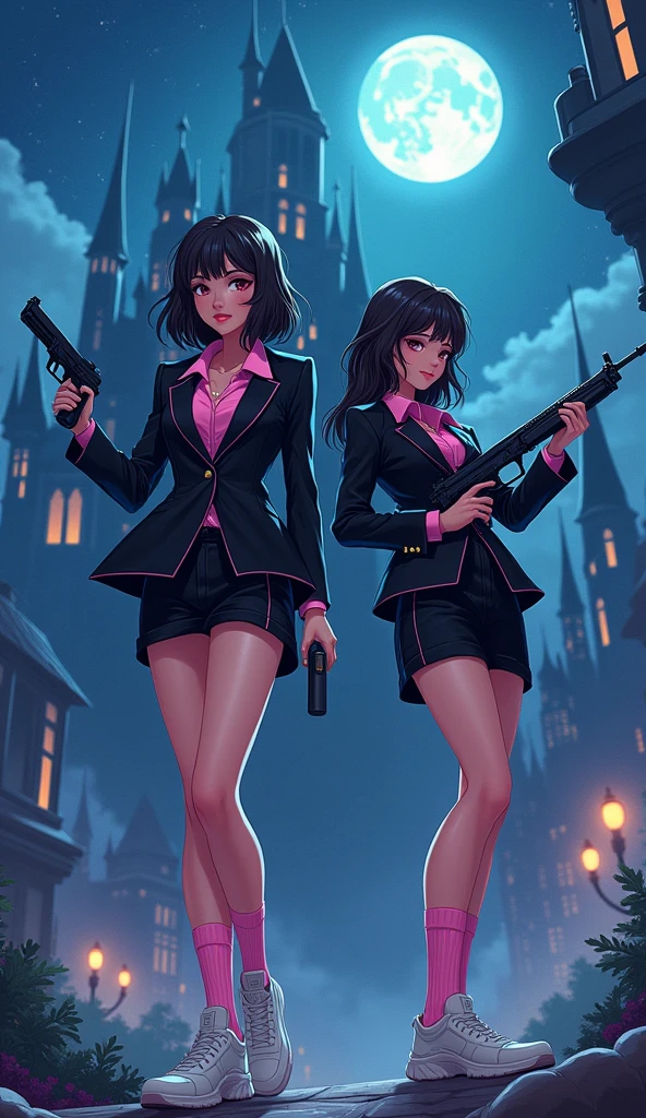 Two girls, action, "The first girl wear a black suit, pink shirt, black pencil skirt, black underpants, pink socks, white sneakers, holding a uzi handgun" and "The second girl wear a black suit, grey shirt, black pencil skirt, black underpants, grey socks, white sneakers, holding a uzi handgun", the night castle, fantasic night sky, moon, novel cartoon, 4K, HD