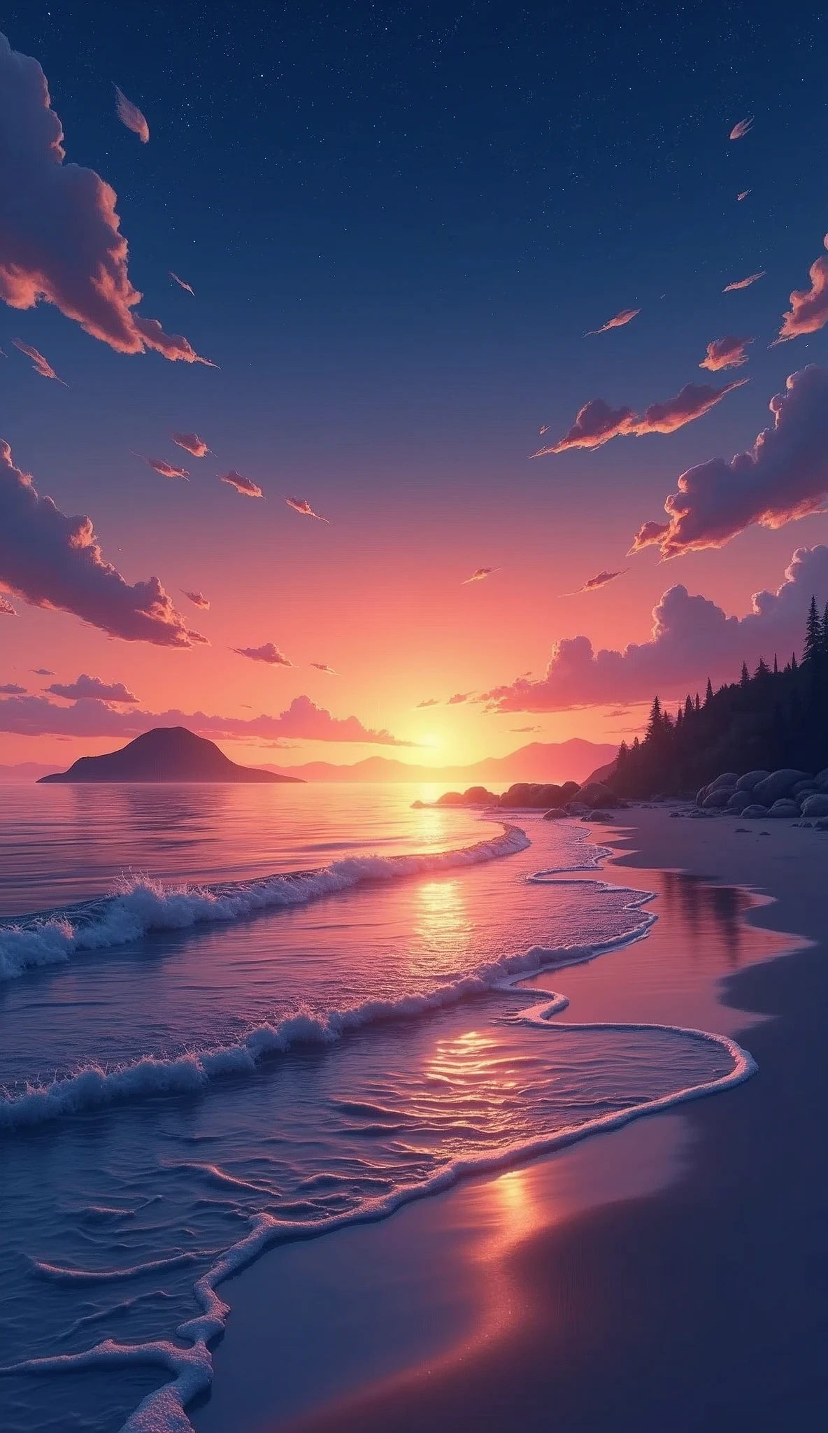 photorealistic, Viral anime nature wallpaper in 4K quality, in the style of photography with a 35mm lens inspired by Keiichi Hara, capturing a serene beach at twilight with gentle waves, a sky transitioning from orange to deep blue, and a silhouette of distant islands; warm and tranquil color temperature, cosmos lighting with stars twinkling in the sky, no human characters, the atmosphere is peaceful and reflective --v 5 --stylize 1000