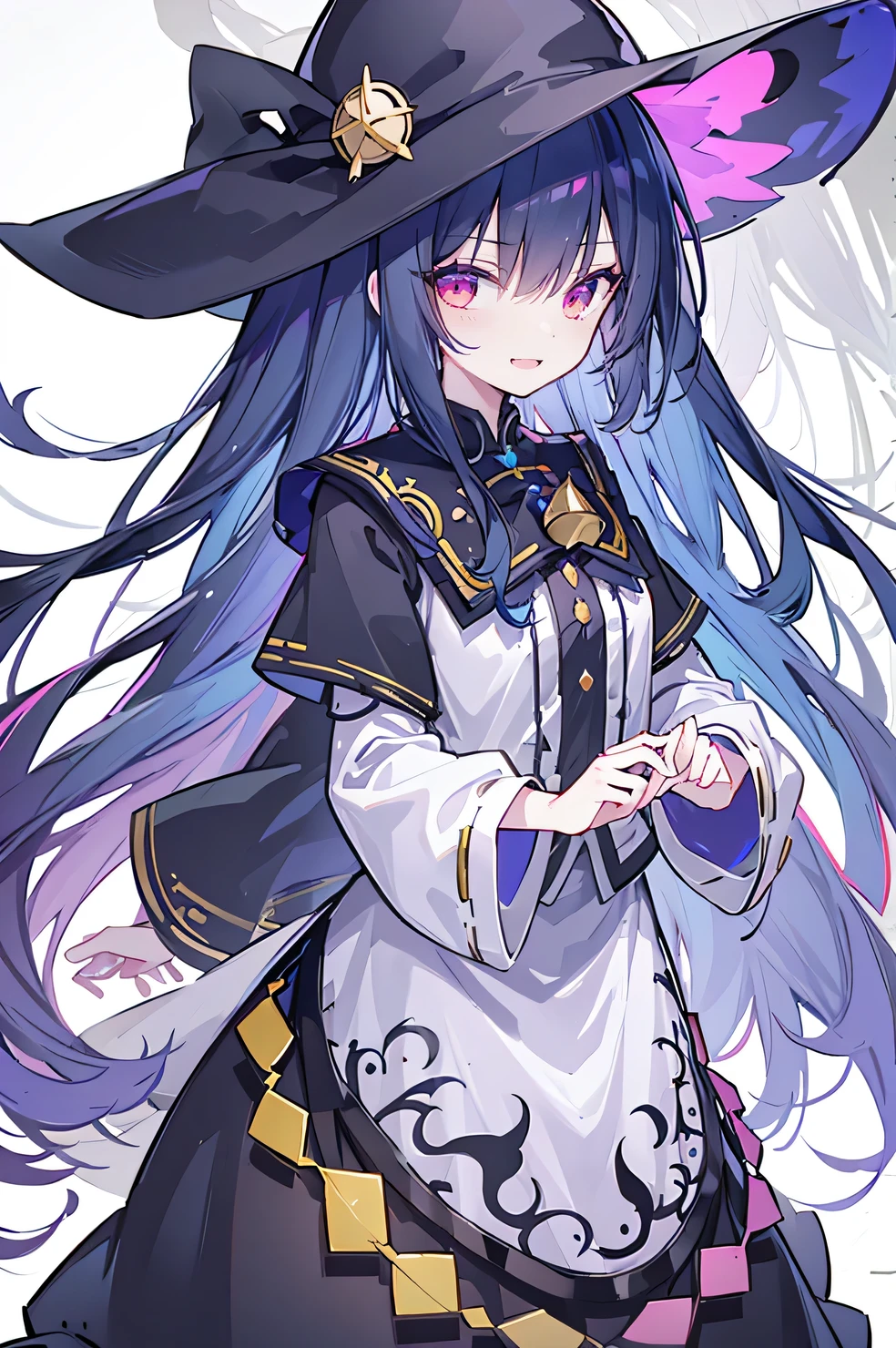 oung Girls,Humanity,A magician always smiles,big witch hat,cute,dark blue long hair,The eyes are dull,The bangs are heavy,Thin eyebrows,fantasy,intake,Double teeth,Star Theme,Constellation pattern,Solid color clothetal decoration,cloak,A bit of a dark atmosphere,A little crazy smile,When the big moon shines outside at night,blood,Hair black star embellishment,Short tie,No nails,High waist skirt,Bell sleeves,Long-sleeved shirt,Black tie,low risk,gentlemen。crap、Yellow and white effect,Shocking pink as an accent color,Starry sky background。