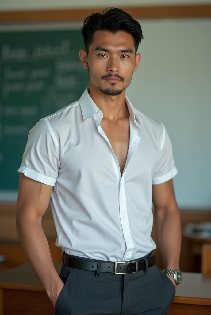 Vietnamese man, 25 years old, teacher,Handsome and elegant, Wearing a  uniform, sexy , Masculine and handsome，musculous，Muscles look good, with fair skin, No beard, Full body photo,(ultra-detailed, photorealistic, best quality, 4k, 8k, highres, masterpiece:1.3), a mature man, charming and distinguished , (muscular build body), wearing tailored shiny white dress shirt, with the top button casually undone, perfectly fitted charcoal trousers, sweat, unbutton buttons shirt, lewd face ,tight chest, sex,See-through shirt, erotic, horny, look straight, Accessories include a luxury wristwatch, understated cufflinks, and a simple yet elegant leather belt, in the Classroom‎,looking at viewer,muscle veins,no underwear ,Tight shirt makes muscle