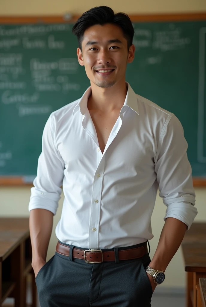 Vietnamese man, 25 years old, teacher,Handsome and elegant, Wearing a  uniform, sexy , Masculine and handsome，musculous，Muscles look good, with fair skin, No beard, Full body photo,(ultra-detailed, photorealistic, best quality, 4k, 8k, highres, masterpiece:1.3), a mature man, charming and distinguished , (muscular build body), wearing tailored shiny white dress shirt, with the top button casually undone, perfectly fitted charcoal trousers, sweat, unbutton buttons shirt, lewd face ,tight chest, sex,See-through shirt, erotic, horny, look straight, Accessories include a luxury wristwatch, understated cufflinks, and a simple yet elegant leather belt, in the Classroom‎,looking at viewer,muscle veins,no underwear ,Tight shirt makes muscle