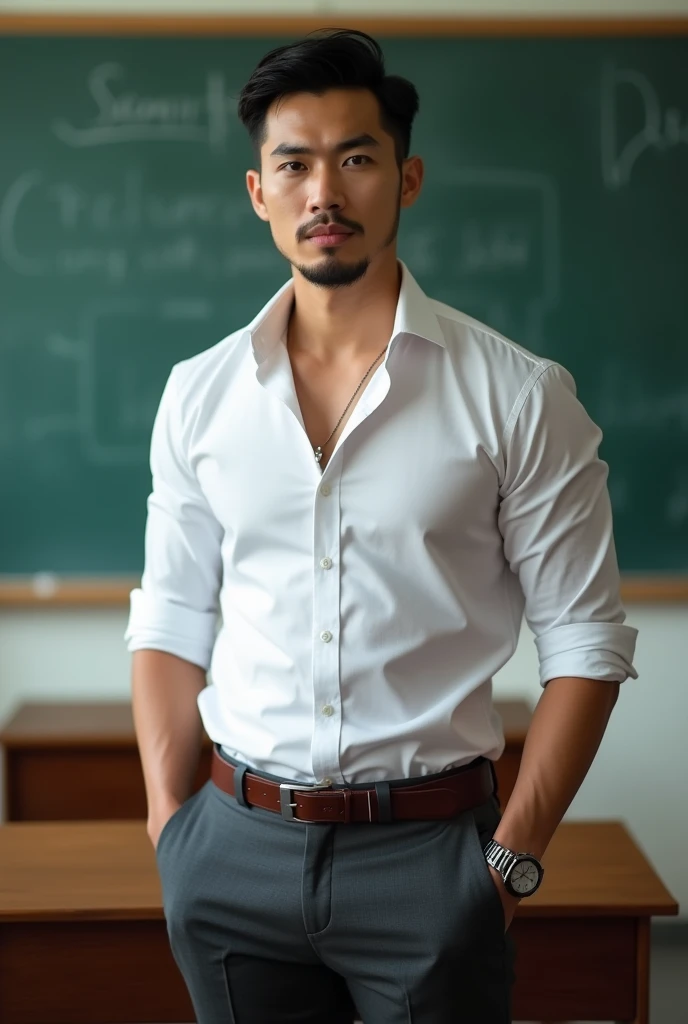 Vietnamese man, 25 years old, teacher,Handsome and elegant, Wearing a  uniform, sexy , Masculine and handsome，musculous，Muscles look good, with fair skin, No beard, Full body photo,(ultra-detailed, photorealistic, best quality, 4k, 8k, highres, masterpiece:1.3), a mature man, charming and distinguished , (muscular build body), wearing tailored shiny white dress shirt, with the top button casually undone, perfectly fitted charcoal trousers, sweat, unbutton buttons shirt, lewd face ,tight chest, sex,See-through shirt, erotic, horny, look straight, Accessories include a luxury wristwatch, understated cufflinks, and a simple yet elegant leather belt, in the Classroom‎,looking at viewer,muscle veins,no underwear ,Tight shirt makes muscle