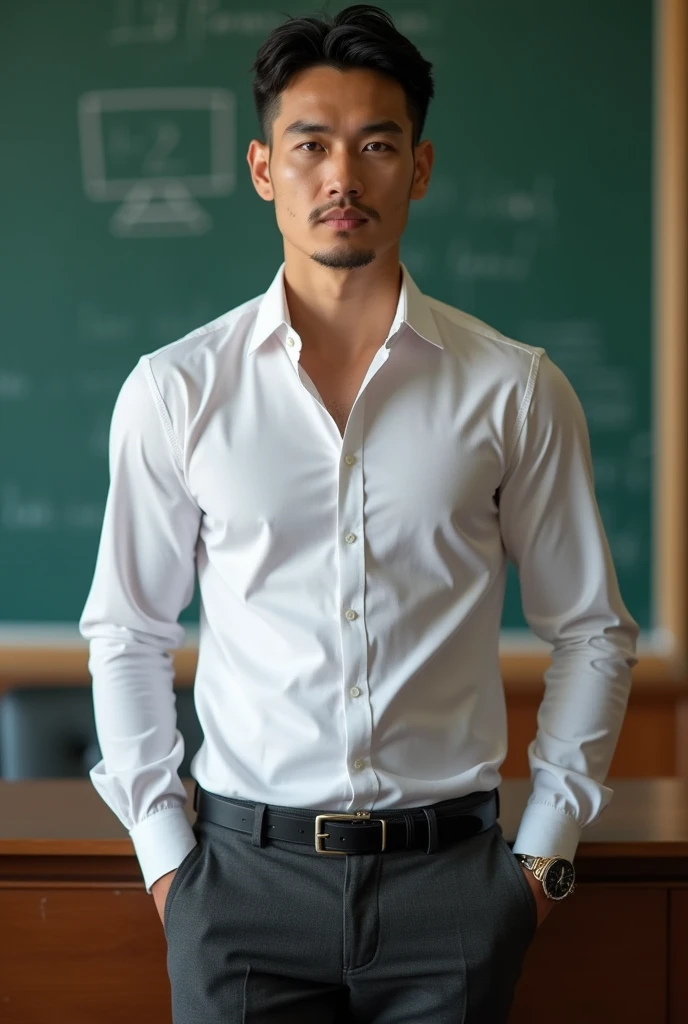 Vietnamese man, 25 years old, teacher,Handsome and elegant, Wearing a  uniform, sexy , Masculine and handsome，musculous，Muscles look good, with fair skin, No beard, Full body photo,(ultra-detailed, photorealistic, best quality, 4k, 8k, highres, masterpiece:1.3), a mature man, charming and distinguished , (muscular build body), wearing tailored shiny white dress shirt, with the top button casually undone, perfectly fitted charcoal trousers, sweat, unbutton buttons shirt, lewd face ,tight chest, sex,See-through shirt, erotic, horny, look straight, Accessories include a luxury wristwatch, understated cufflinks, and a simple yet elegant leather belt, in the Classroom‎,looking at viewer,muscle veins,no underwear ,Tight shirt makes muscle