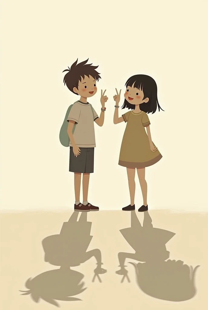A silhouette of a boy and a girl taking the picture of their shadow, the girl poses the peace sign