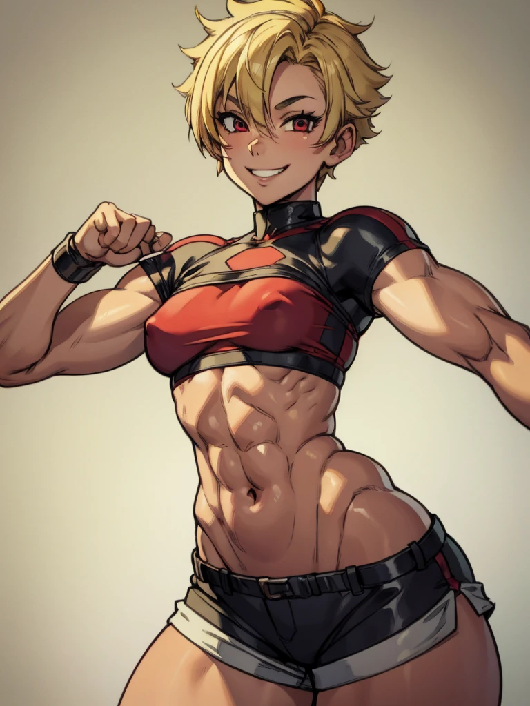 -yeld, toy, blond short hair, red eyes, short and sweet, crop top, very tight short shorts, devious smile, six pack