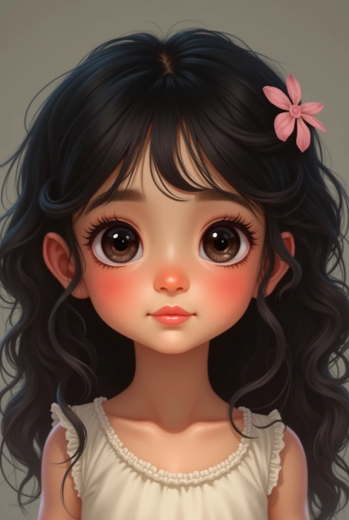 3 girl Long black curly hair Black eyes Medium nose Brunette Medium lips Very small ears