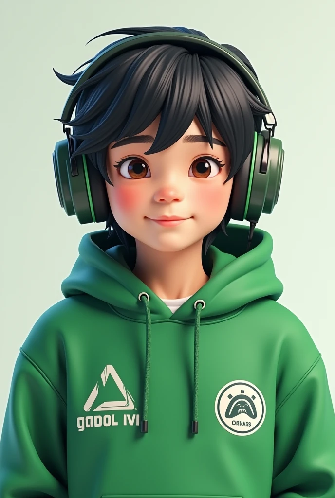 Je veux un garçon patrickkim portant un pilo vert avec les écouteurs les gros écouteurs et ensuite les logos de Patrick Kim pro