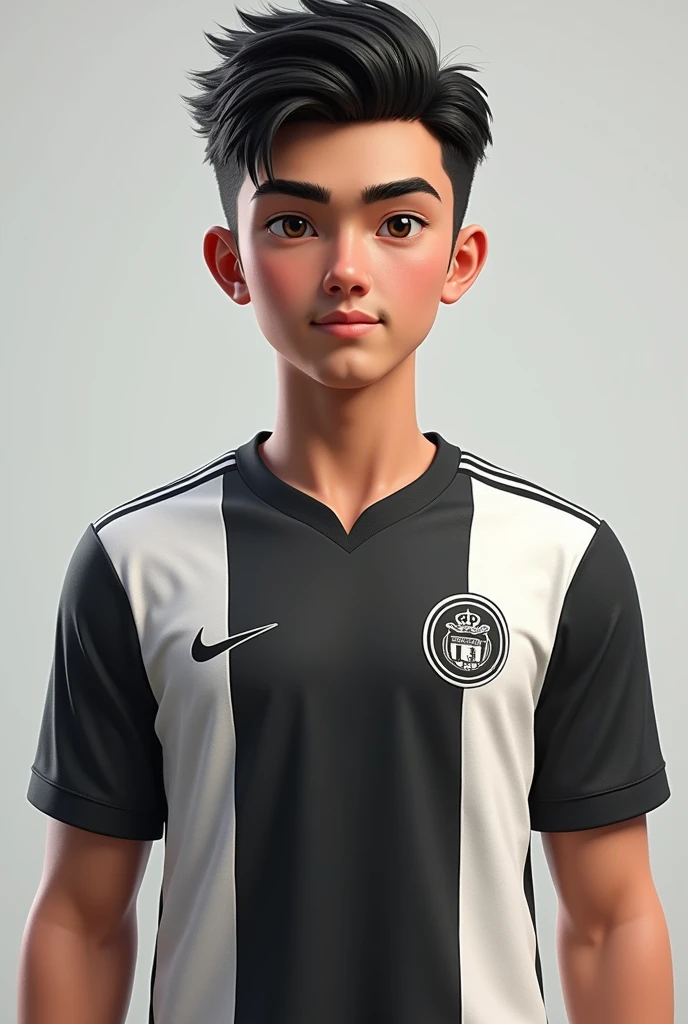 Joueur de foot quon voit entierement avec un maillot blanc et noir et un logo rond
Âge : 17 
Taille : 1m86
Poids : 
68kg
**Physique** :
_Description physique de votre personnage._
Visage : normal
Carnation : métisse
Yeux : marrons 
Sourcils : peu epais
Nez : petit
Bouche : normale
Pommettes et mâchoire : carrés
Menton : normal 
Oreilles : normal
Cheveux : mid taper noir
Pilosité : légère moustache 