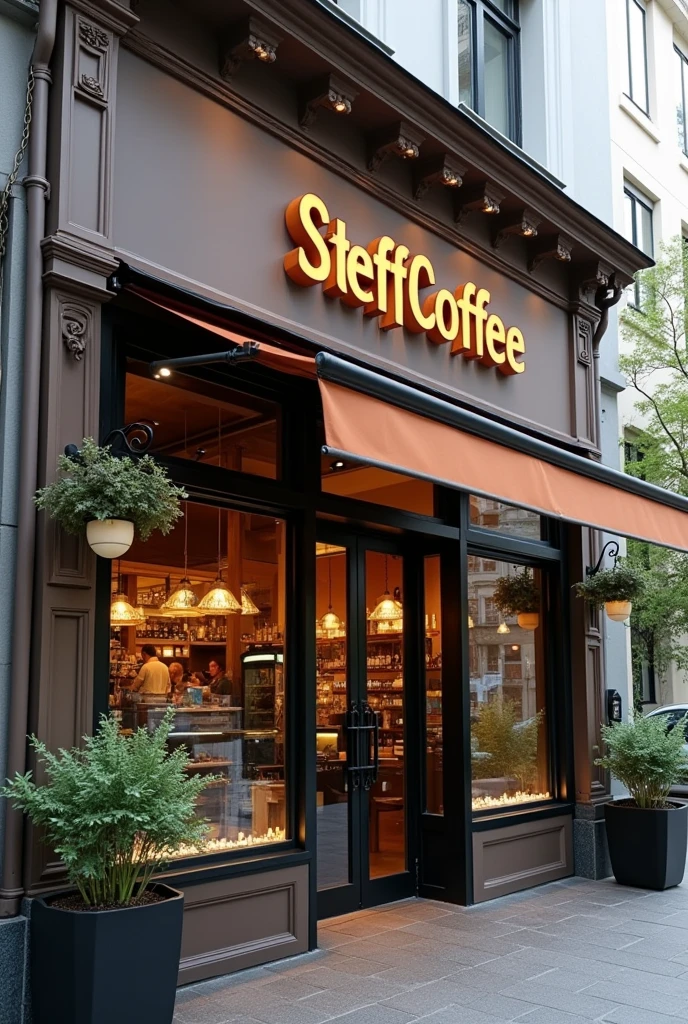 Take me a realistic and nice photo of a big cafeteria from the outside where the name Steff Coffe can be seen.