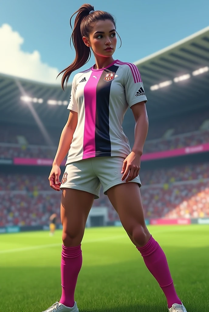 Female Football Player , with the white and pink shorts, white shirt with pink and black stripes