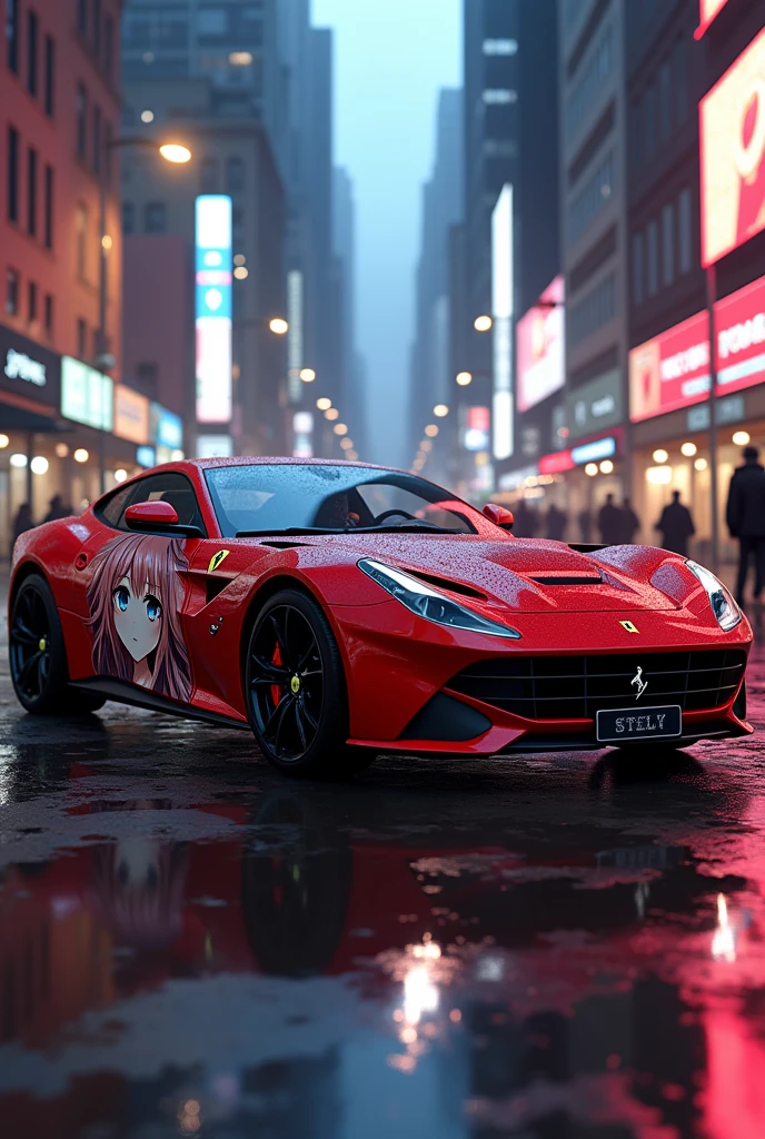 A highly detailed, photorealistic Ferrari sports car, a beautiful anime girl character printed on the side of the car, (best quality,4k,8k,highres,masterpiece:1.2),ultra-detailed,(realistic,photorealistic,photo-realistic:1.37),extremely detailed car, vibrant colors, dynamic lighting, intricate details, glossy and reflective surfaces, detailed anime girl character, long flowing hair, beautiful anime-style face, expressive eyes, detailed facial features, dynamic pose, striking colors, detailed background, urban cityscape