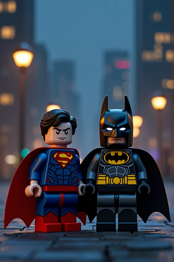 Superman and Batman in lego art, night
