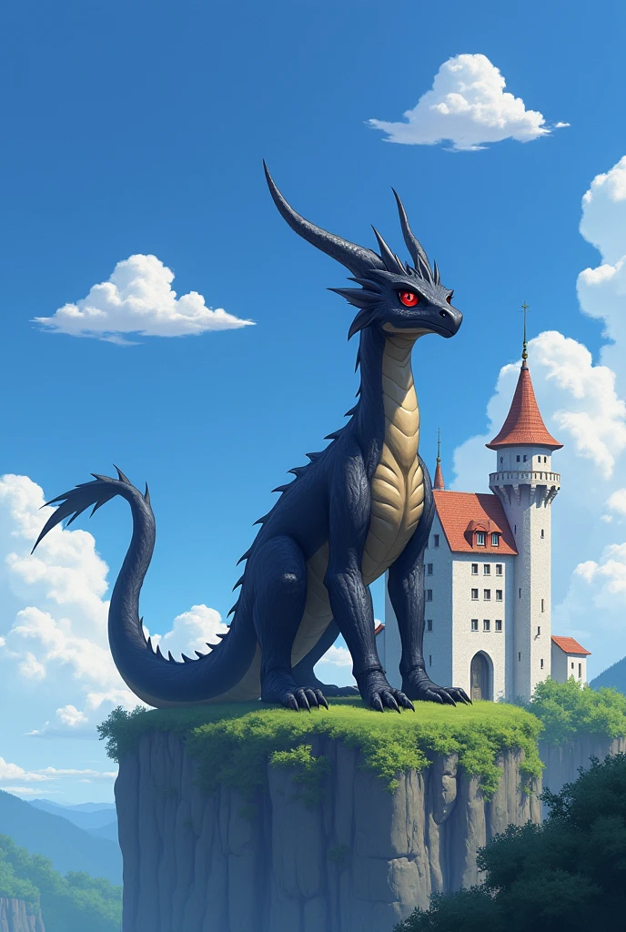 Realistic Anime、The main image is a black dragon（Quadrupeds、Muscular limbs、Detailed description、Beautiful red eyes）、The background is a castle similar to Neuschwanstein Castle in the West、A floating island in the sky、Three white clouds in the blue sky