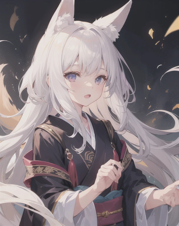 One girl,alone,Fox_ear,Alice Manabel, Open your mouth, Mouth closed, Upper Body, kimono,Character portrait,White Hair、Don&#39;t show your hands、Character portrait、Background white