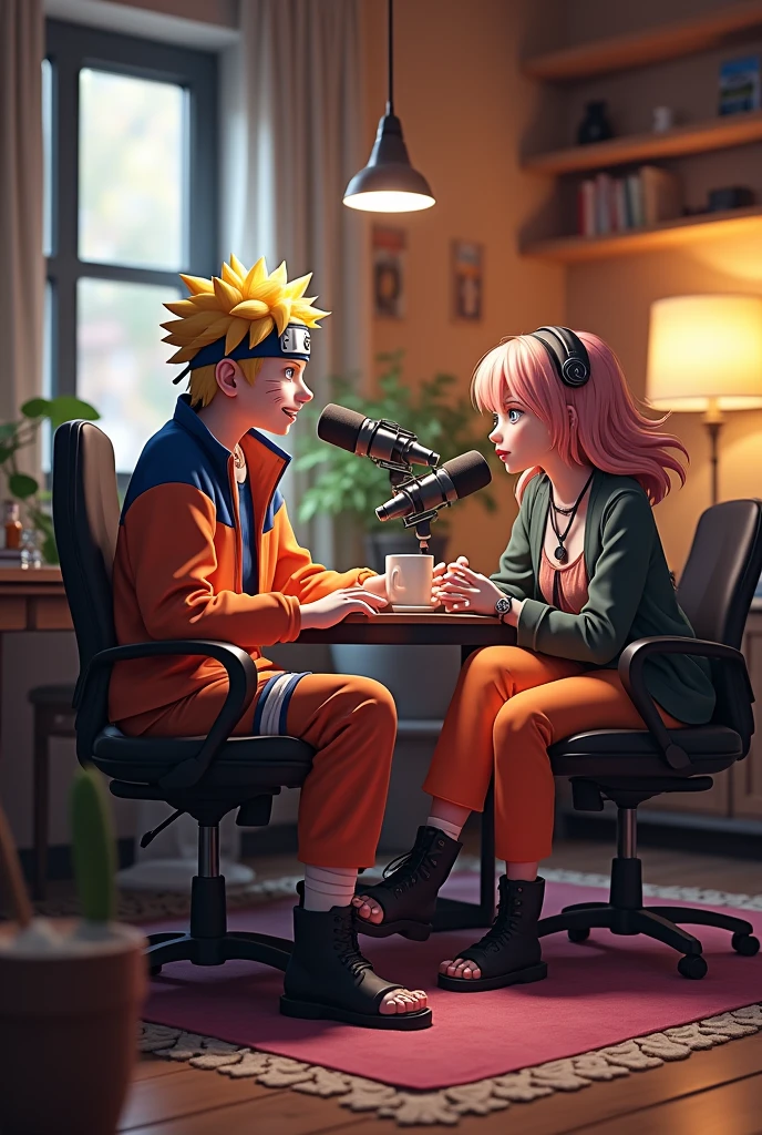 Funny Naruto charecter sitting in a podcast with a guy who looks also funny,cute with stylish clothes. Make same to same image with different angles of the room 