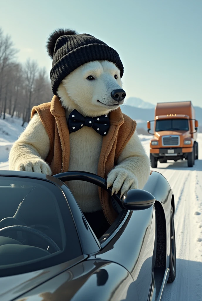 (photorealism:1.2), Polar Bear, wearing black beanie, a waistcoat, sweatpants and a bowtie, driving a car at breakneck speeds, super car, sports car, slick, driving alongside an armoured truck